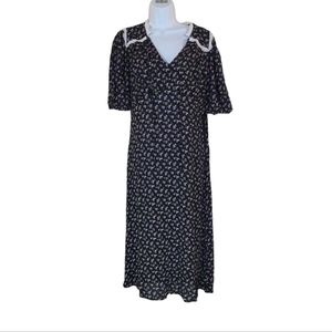 DUAL NATURE Lace Collared Midi Dress in Black Pink Multi Size M